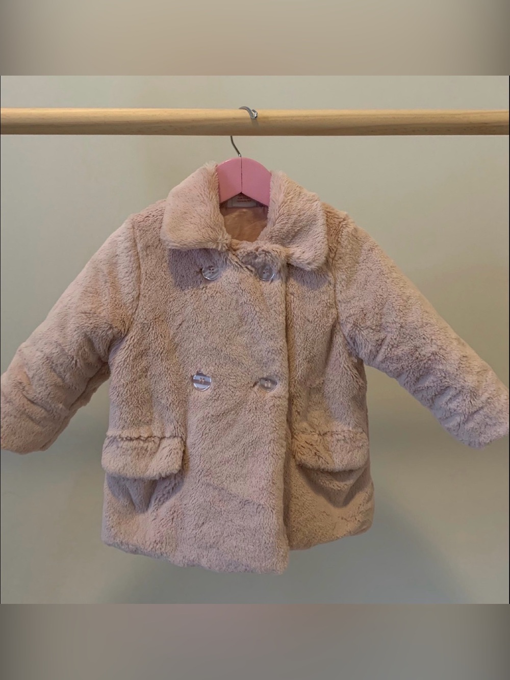 Girls' Plush Double-Breasted Pea Coat in Blush Pink 18M